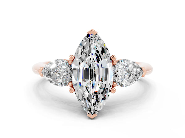 Rose gold Three-Stone Marquise Cut Moissanite Ring with Pear Side Stones and Four-Prong Setting