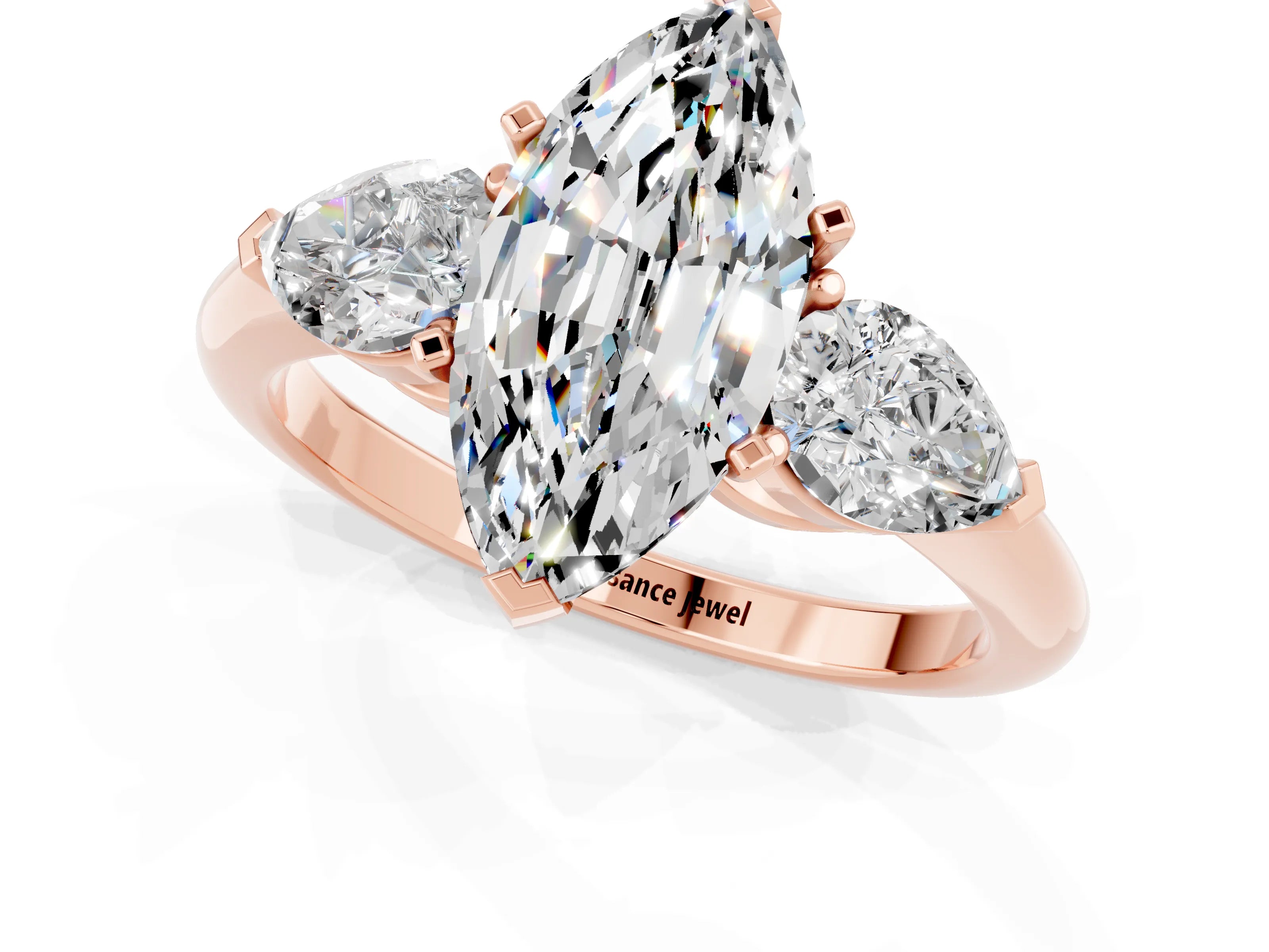 Rose gold Three-Stone Marquise Cut Moissanite Ring with Pear Side Stones and Four-Prong Setting_1