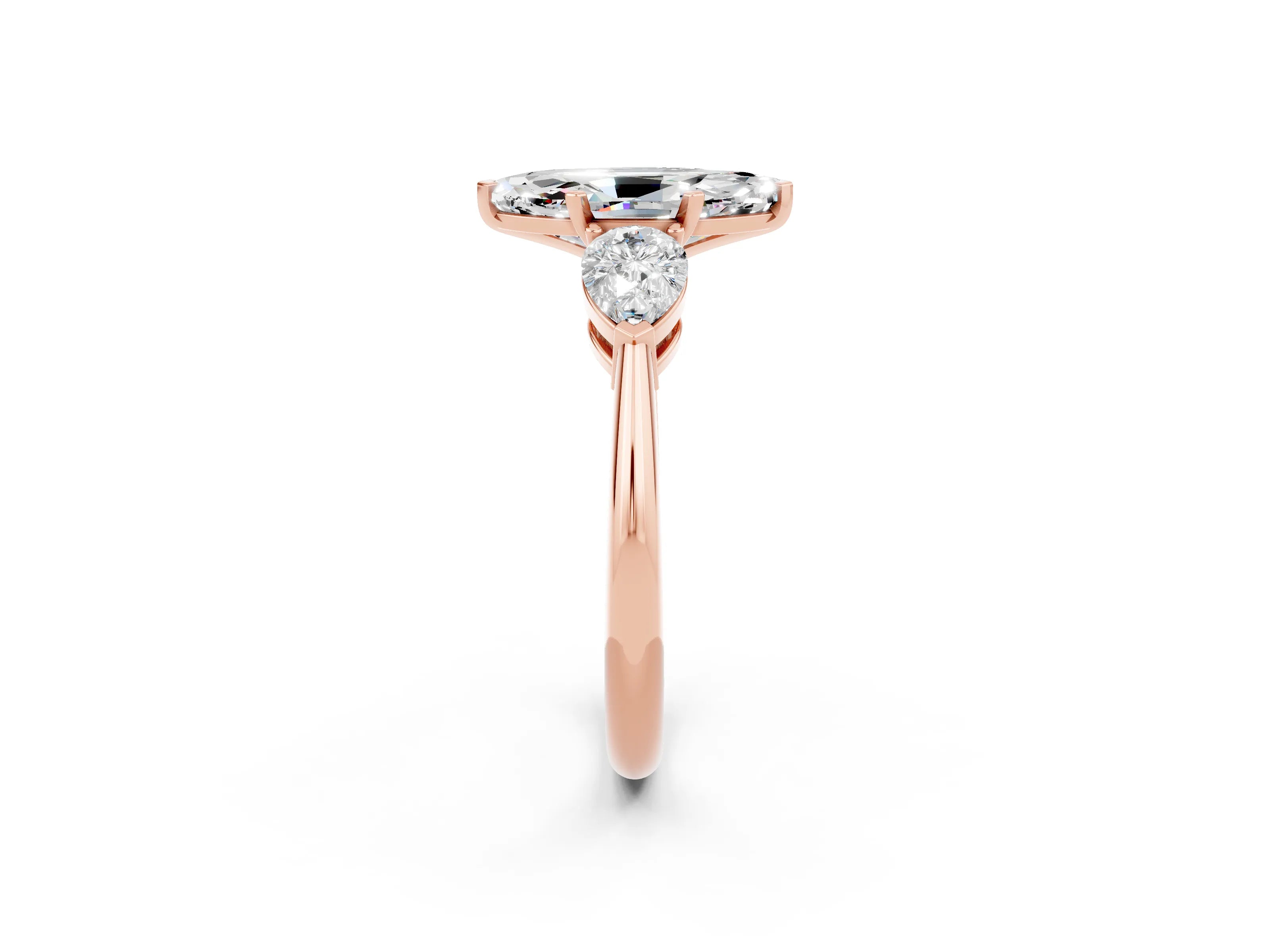 Rose gold Three-Stone Marquise Cut Moissanite Ring with Pear Side Stones and Four-Prong Setting_2