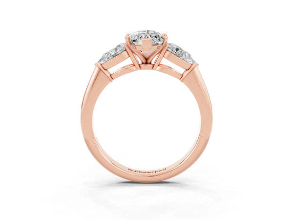 Rose gold Three-Stone Marquise Cut Moissanite Ring with Pear Side Stones and Four-Prong Setting
