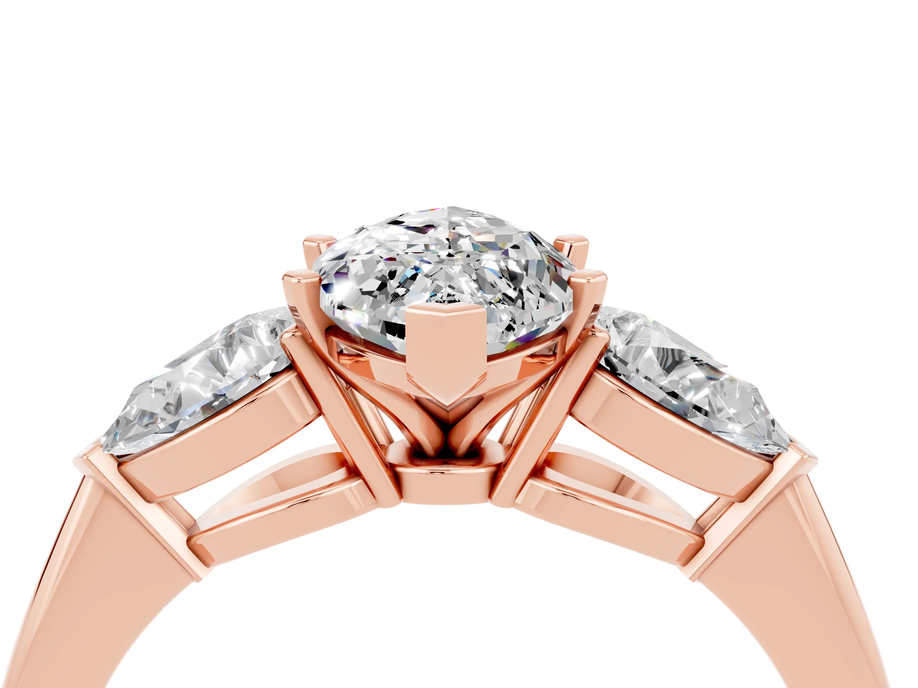 Rose gold Three-Stone Marquise Cut Moissanite Ring with Pear Side Stones and Four-Prong Setting_4