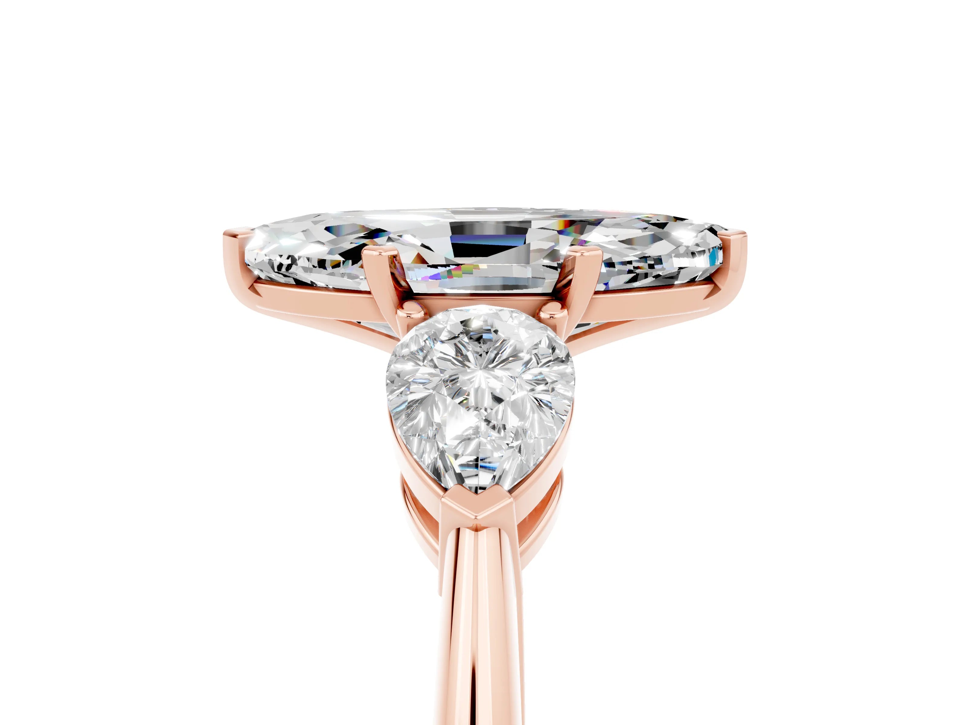 Rose gold Three-Stone Marquise Cut Moissanite Ring with Pear Side Stones and Four-Prong Setting_5