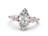Rose gold Three-Stone Marquise Cut Moissanite Ring with Pear  Side Stones in Four-Prong Setting_12