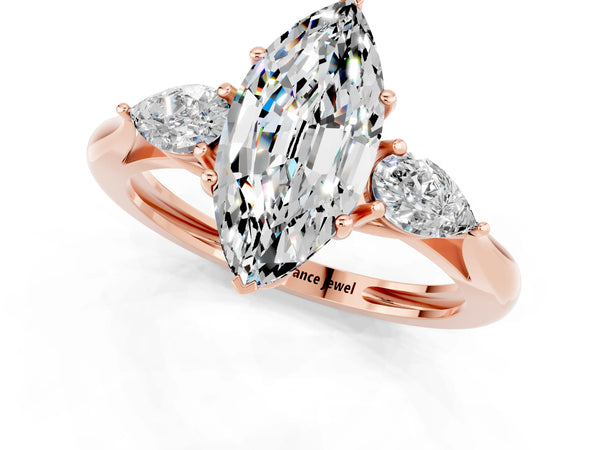 Rose gold Three-Stone Marquise Cut Moissanite Ring with Pear  Side Stones in Four-Prong Setting