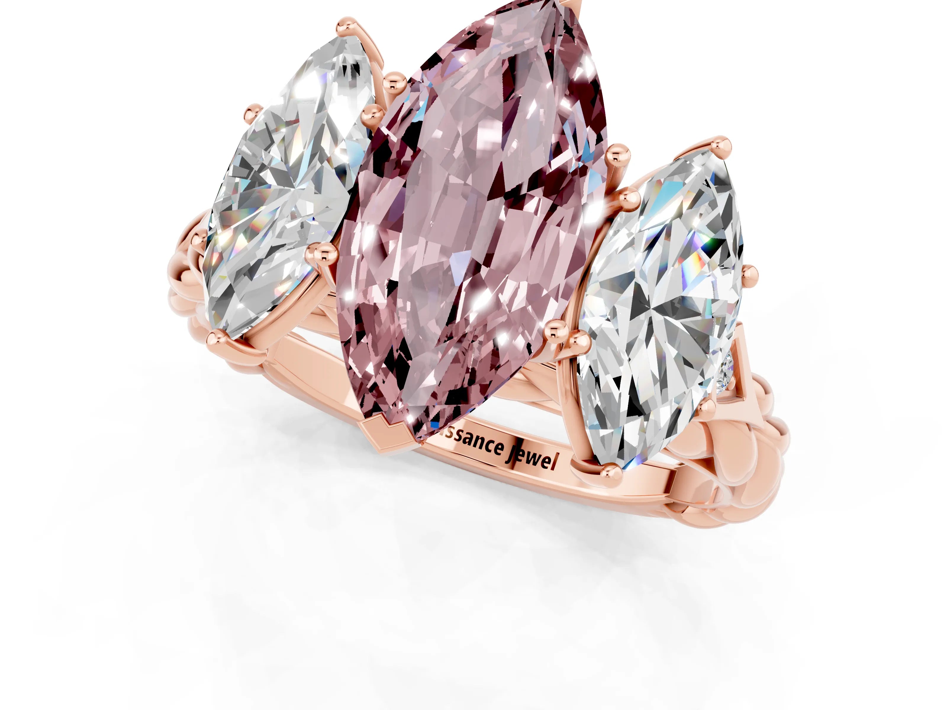 Rose gold Three-Stone Marquise Cut Morganite Braided Band Ring with Four-Prong Setting_13