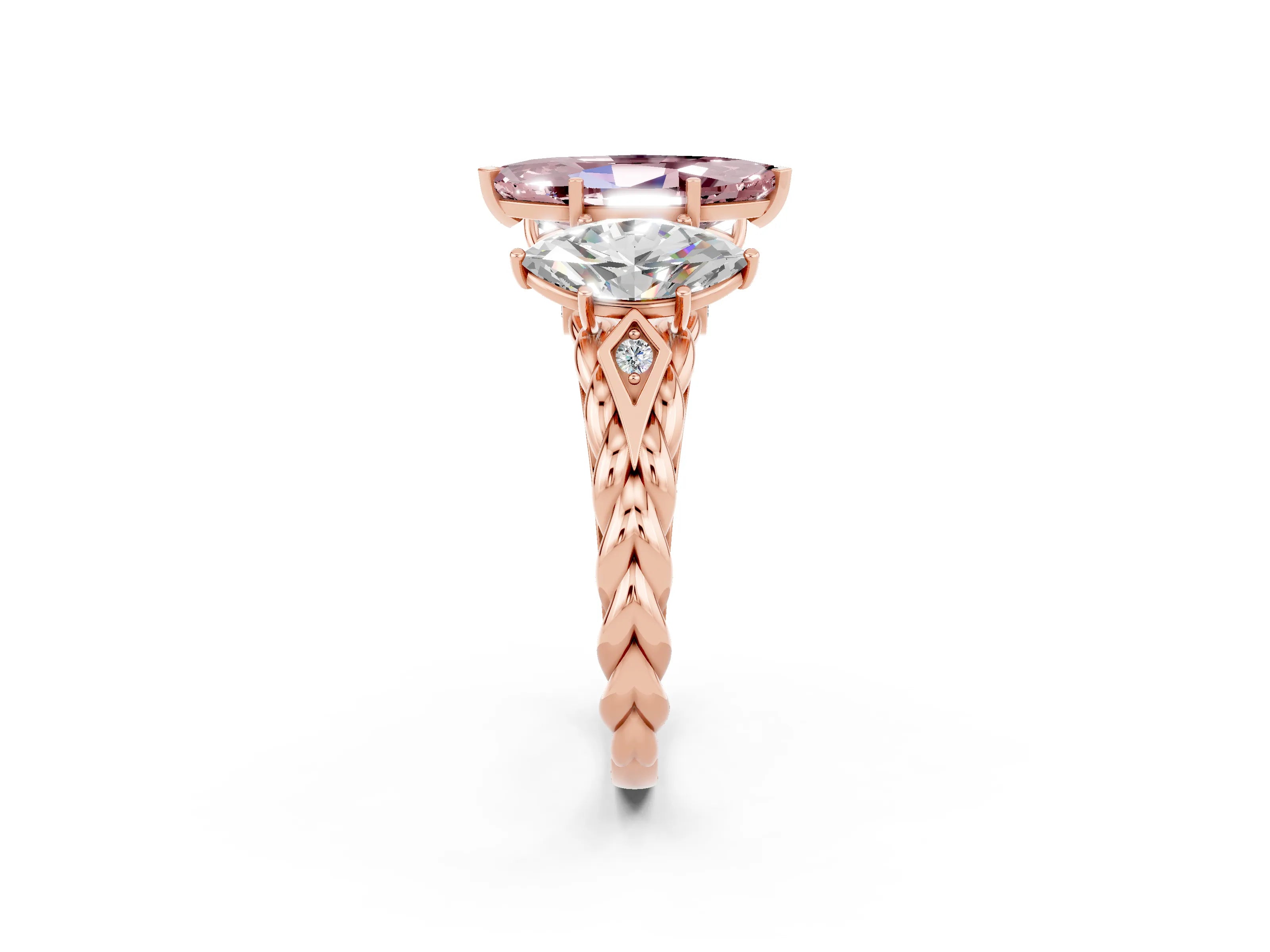 Rose gold Three-Stone Marquise Cut Morganite Braided Band Ring with Four-Prong Setting_14