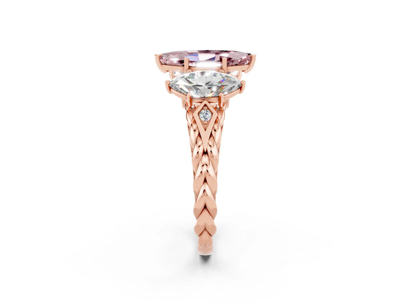 Rose gold Three-Stone Marquise Cut Morganite Braided Band Ring with Four-Prong Setting
