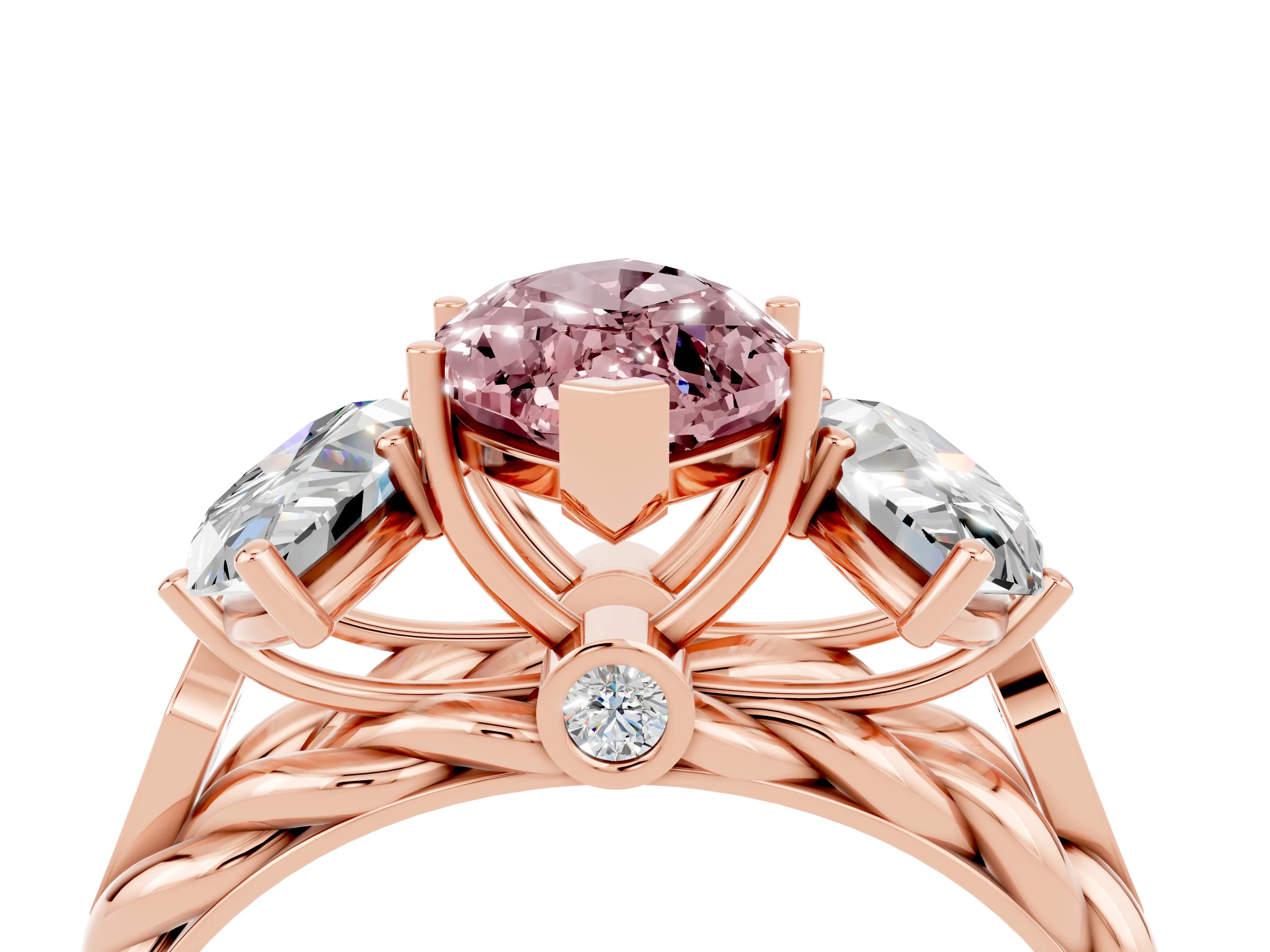 Rose gold Three-Stone Marquise Cut Morganite Braided Band Ring with Four-Prong Setting_16