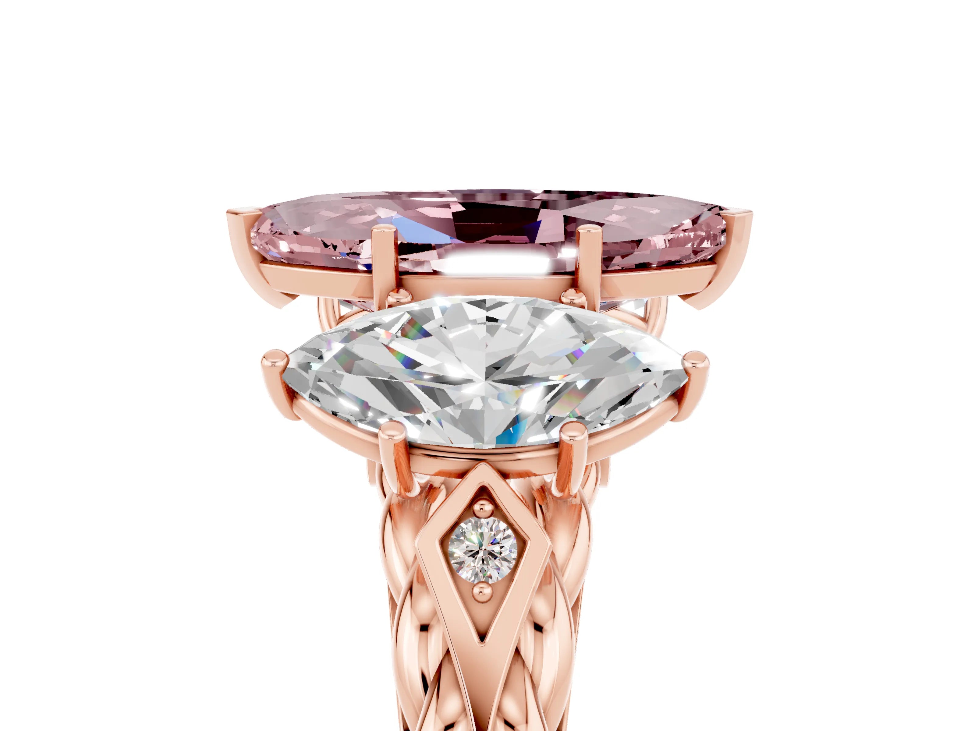 Rose gold Three-Stone Marquise Cut Morganite Braided Band Ring with Four-Prong Setting_17