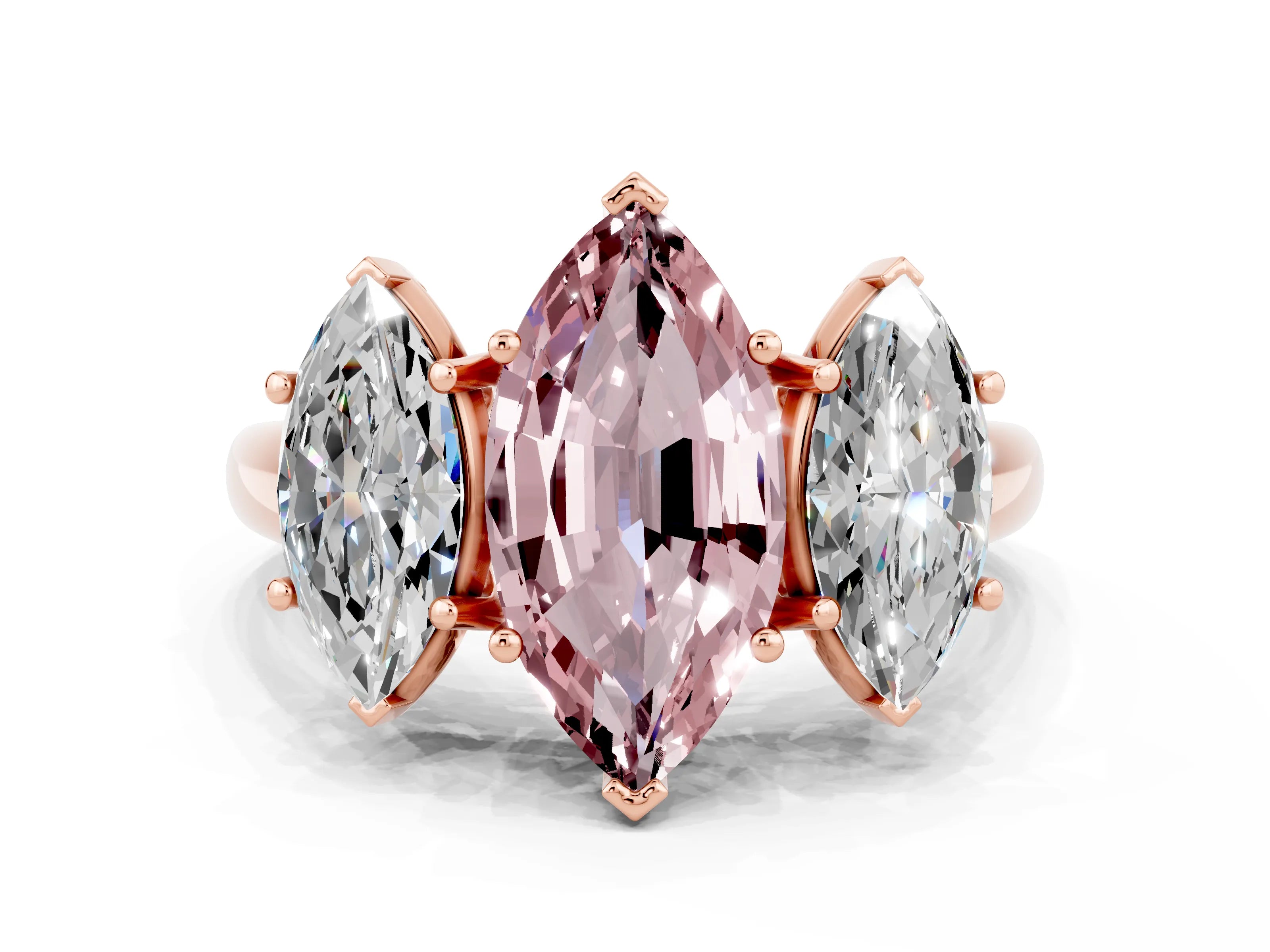Rose gold Three-Stone Marquise Cut Morganite Engagement Ring with Prong Setting