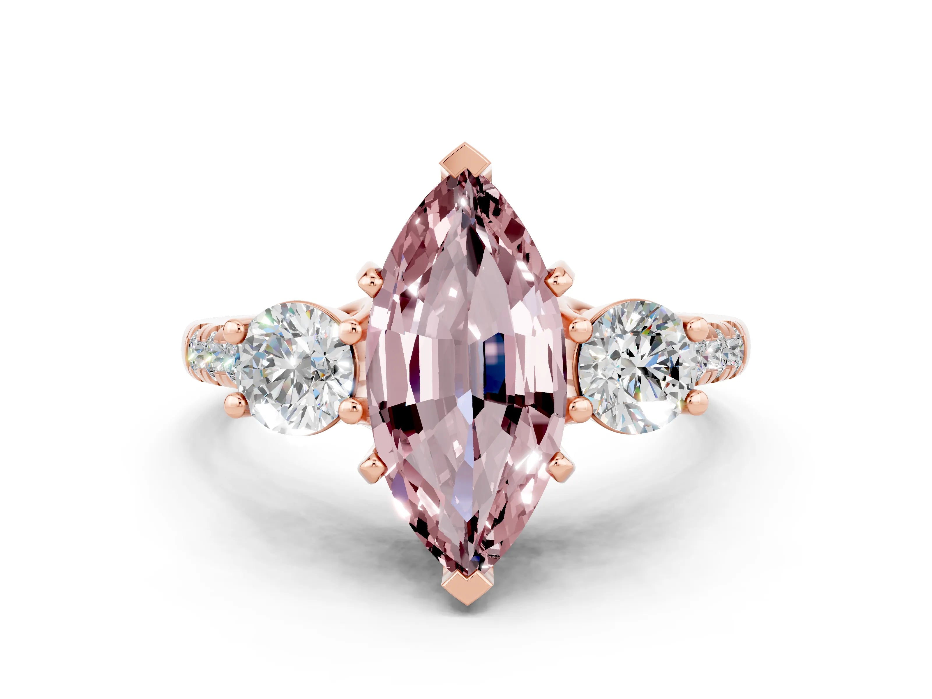 Rose gold Three-Stone Marquise Cut Morganite Pavé Band with Four-Prong Setting