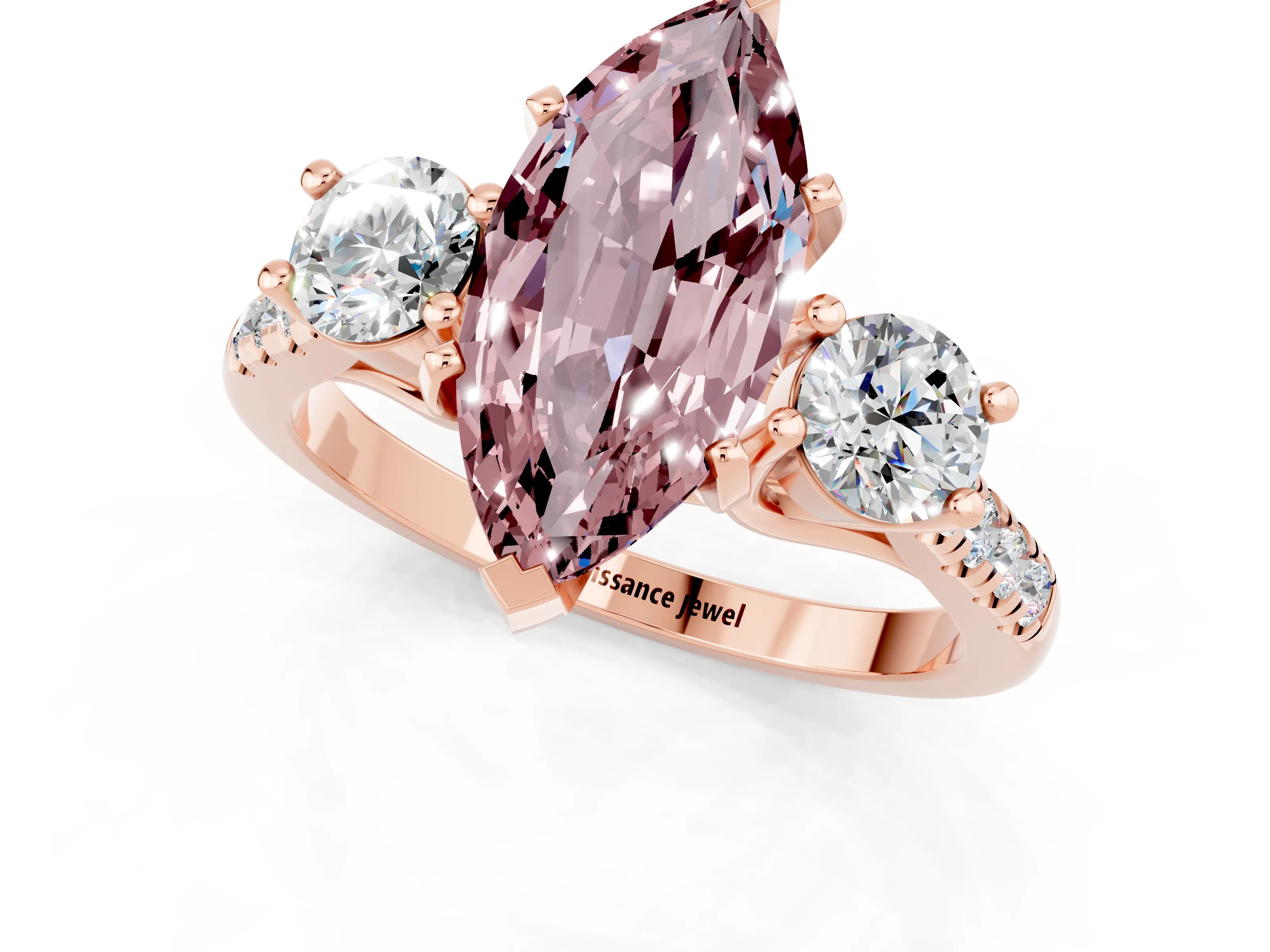 Rose gold Three-Stone Marquise Cut Morganite Pavé Band with Four-Prong Setting_1