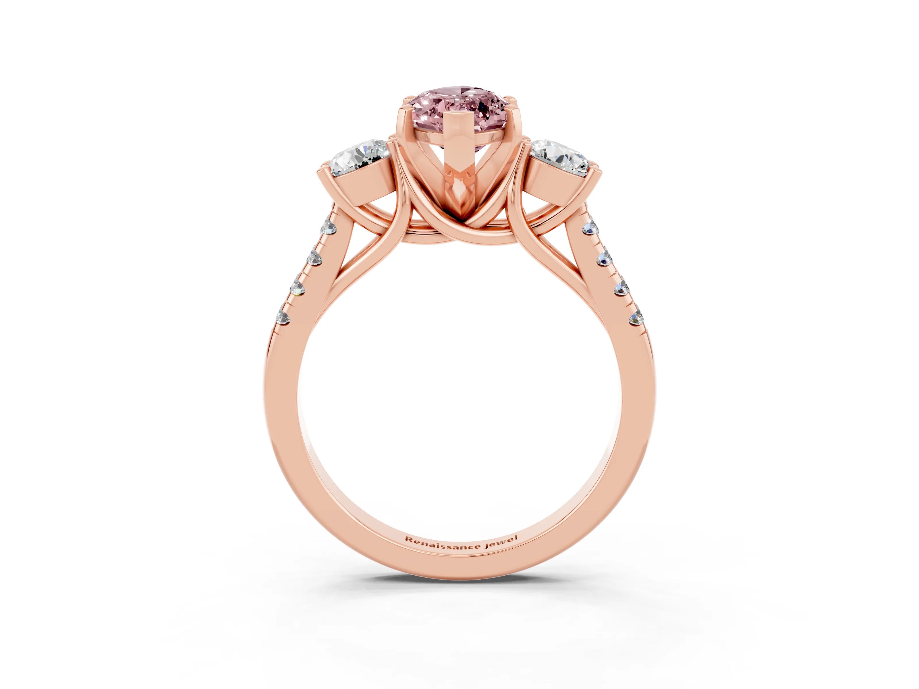 Rose gold Three-Stone Marquise Cut Morganite Pavé Band with Four-Prong Setting_3