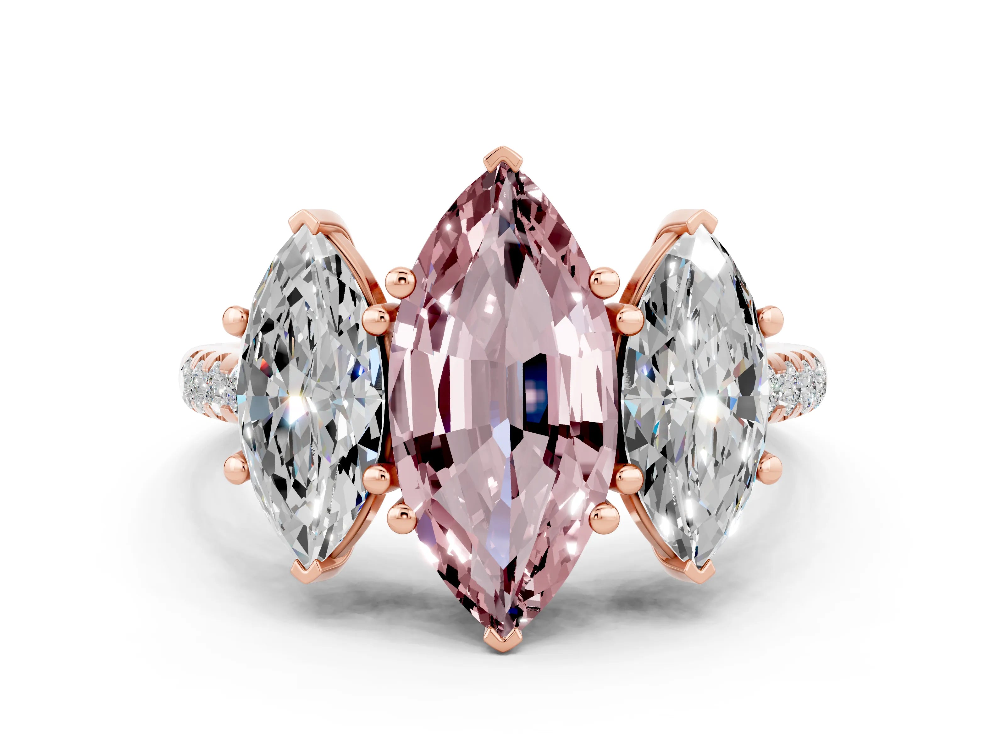 Rose gold Three-Stone Marquise Cut Morganite Ring with Pavé Band and Prong Setting_12