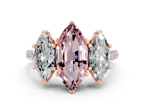 Rose gold Three-Stone Marquise Cut Morganite Ring with Pavé Band and Prong Setting_12