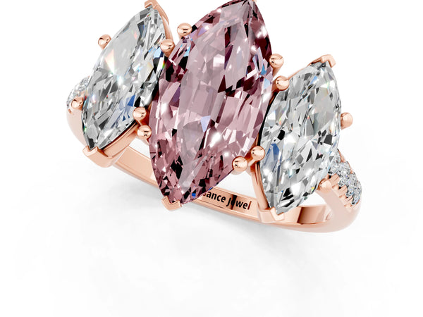 Rose gold Three-Stone Marquise Cut Morganite Ring with Round  Pavé Band and Prong Setting