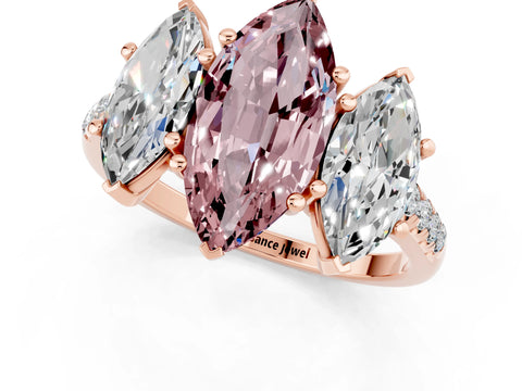Rose gold Three-Stone Marquise Cut Morganite Ring with Pavé Band and Prong Setting_13