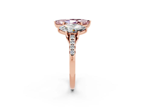 Rose gold Three-Stone Marquise Cut Morganite Ring with Pavé Band and Prong Setting_14
