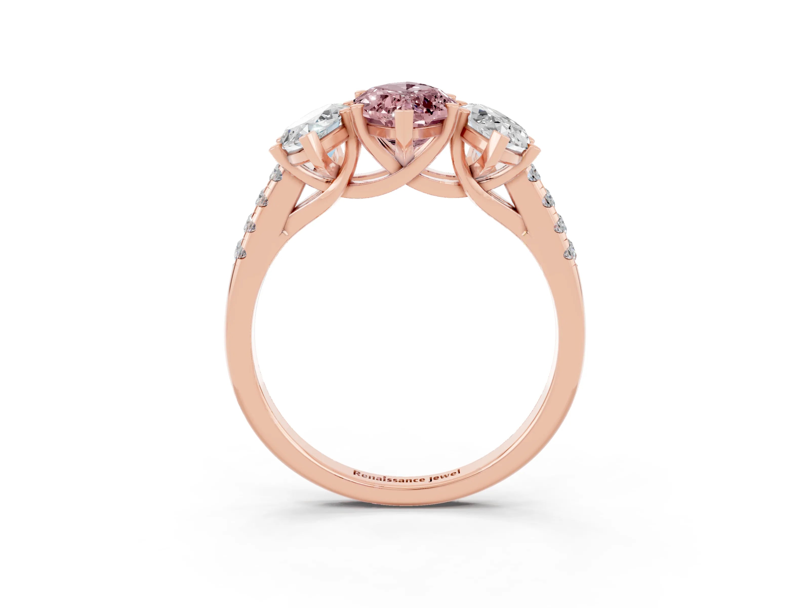 Rose gold Three-Stone Marquise Cut Morganite Ring with Pavé Band and Prong Setting_15