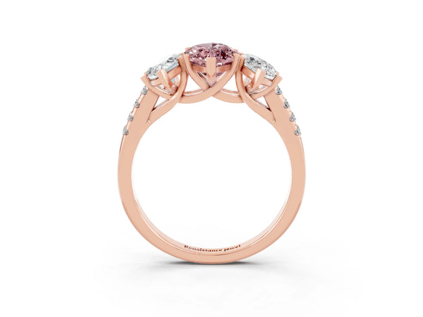 Rose gold Three-Stone Marquise Cut Morganite Ring with Round  Pavé Band and Prong Setting