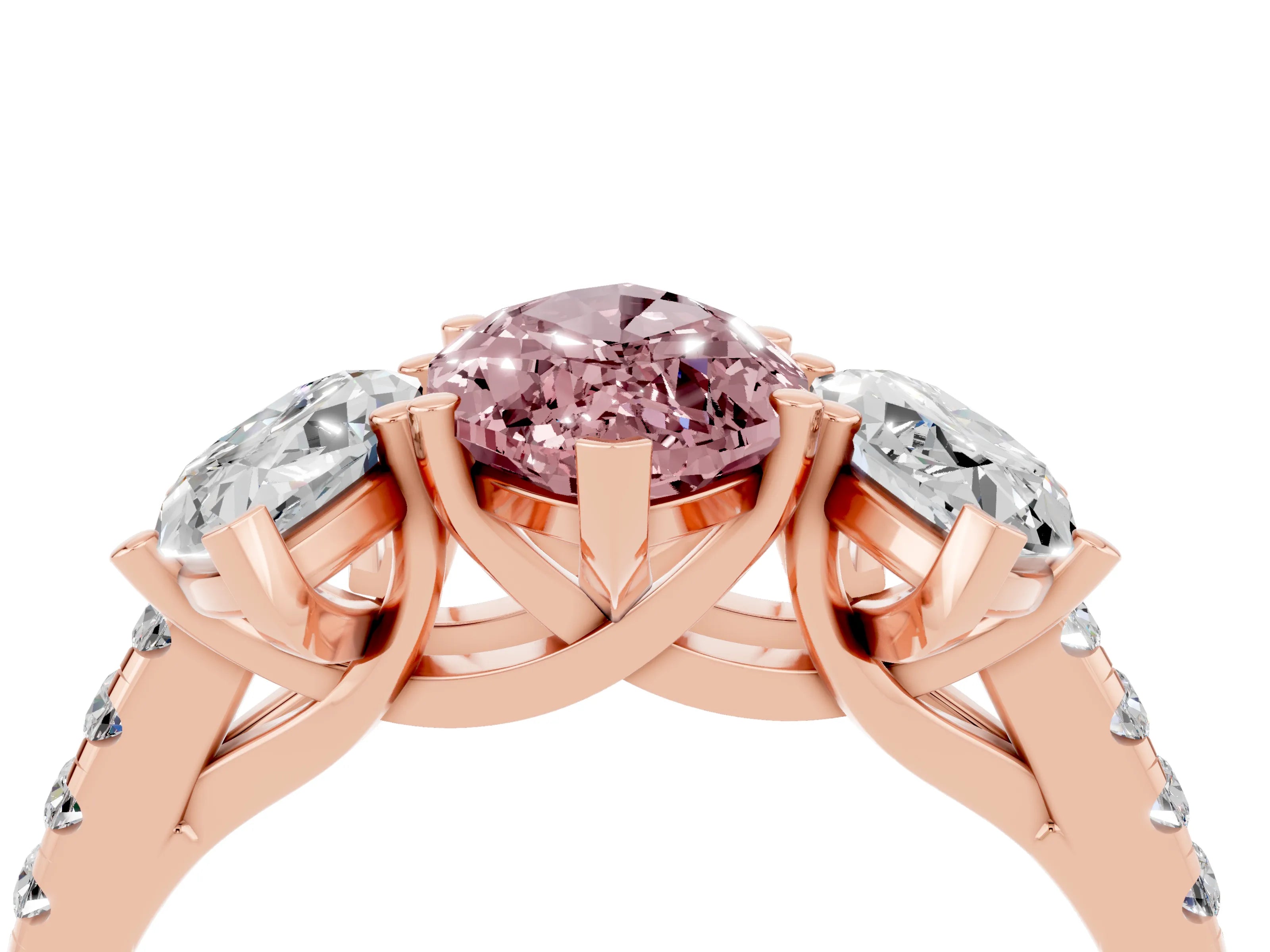 Rose gold Three-Stone Marquise Cut Morganite Ring with Pavé Band and Prong Setting_16