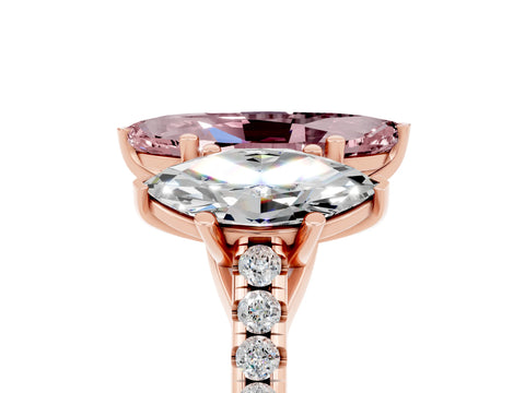 Rose gold Three-Stone Marquise Cut Morganite Ring with Pavé Band and Prong Setting_17
