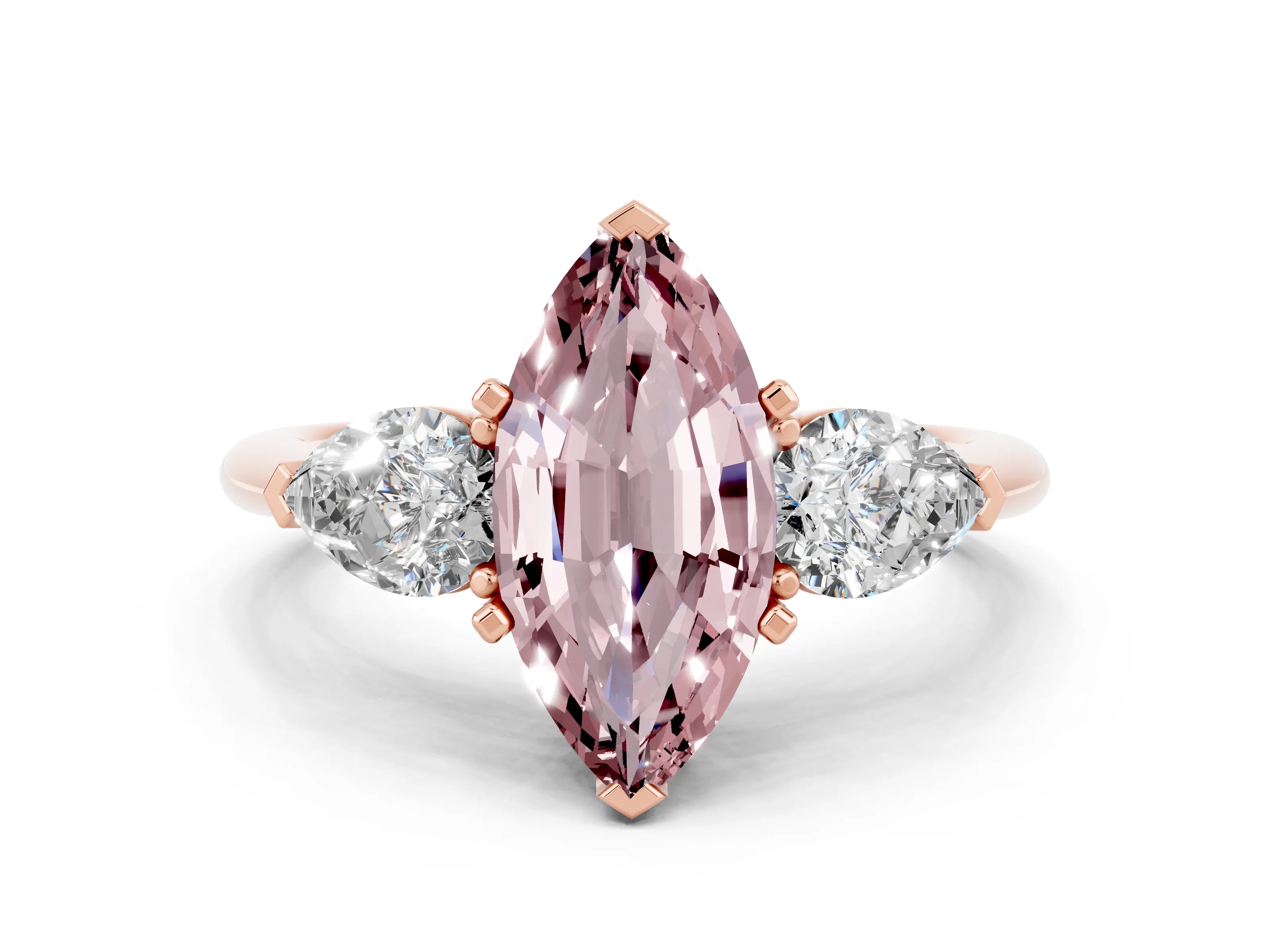 Rose gold Three-Stone Marquise Cut Morganite Ring with Pear Side Stones and Four-Prong Setting