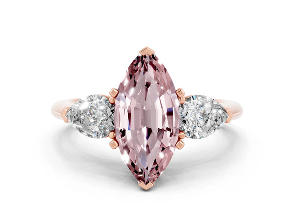Rose gold Three-Stone Marquise Cut Morganite Ring with Pear Side Stones and Four-Prong Setting
