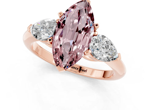 Rose gold Three-Stone Marquise Cut Morganite Ring with Pear Side Stones and Four-Prong Setting_1