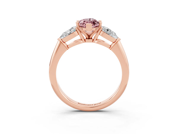 Rose gold Three-Stone Marquise Cut Morganite Ring with Pear Side Stones and Four-Prong Setting