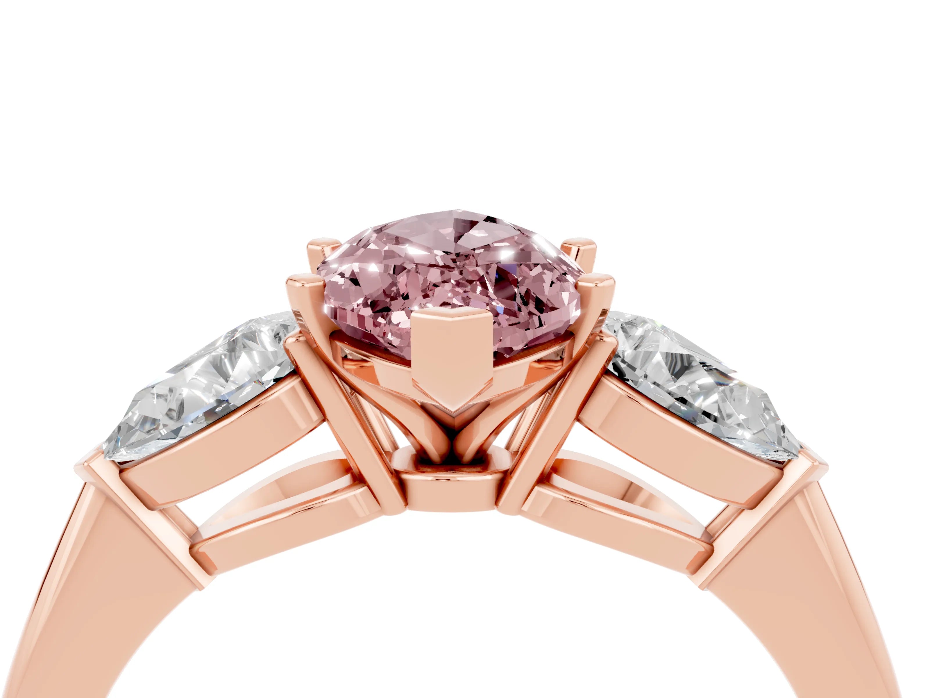 Rose gold Three-Stone Marquise Cut Morganite Ring with Pear Side Stones and Four-Prong Setting_4