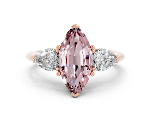 Rose gold Three-Stone Marquise Cut Morganite Ring with Pear Side Stones and Four-Prong Setting