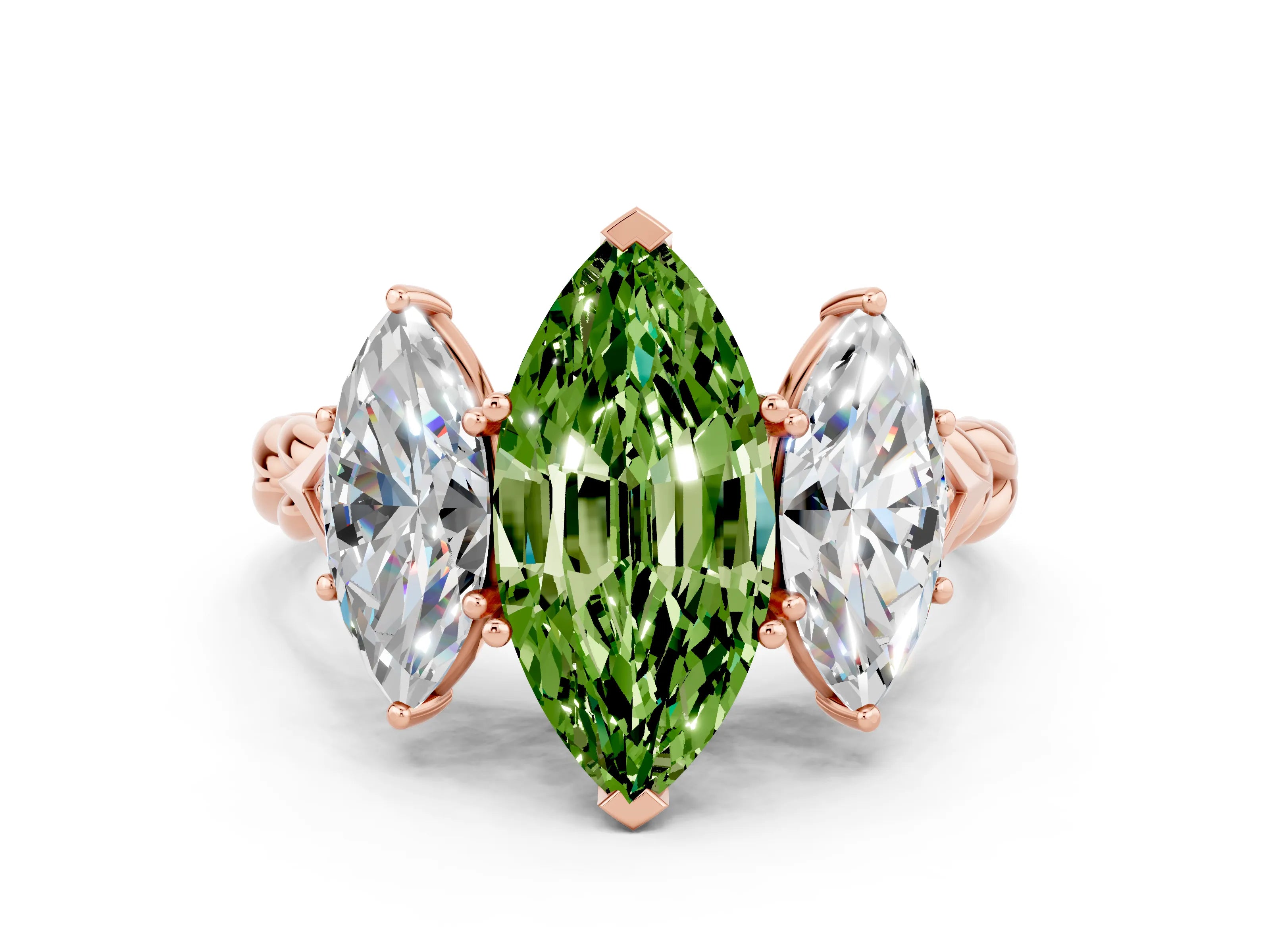 Rose gold Three-Stone Marquise Cut Peridot Braided Band Ring with Four-Prong Setting_12