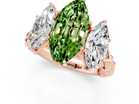 Rose gold Three-Stone Marquise Cut Peridot Braided Band Ring with Four-Prong Setting_13
