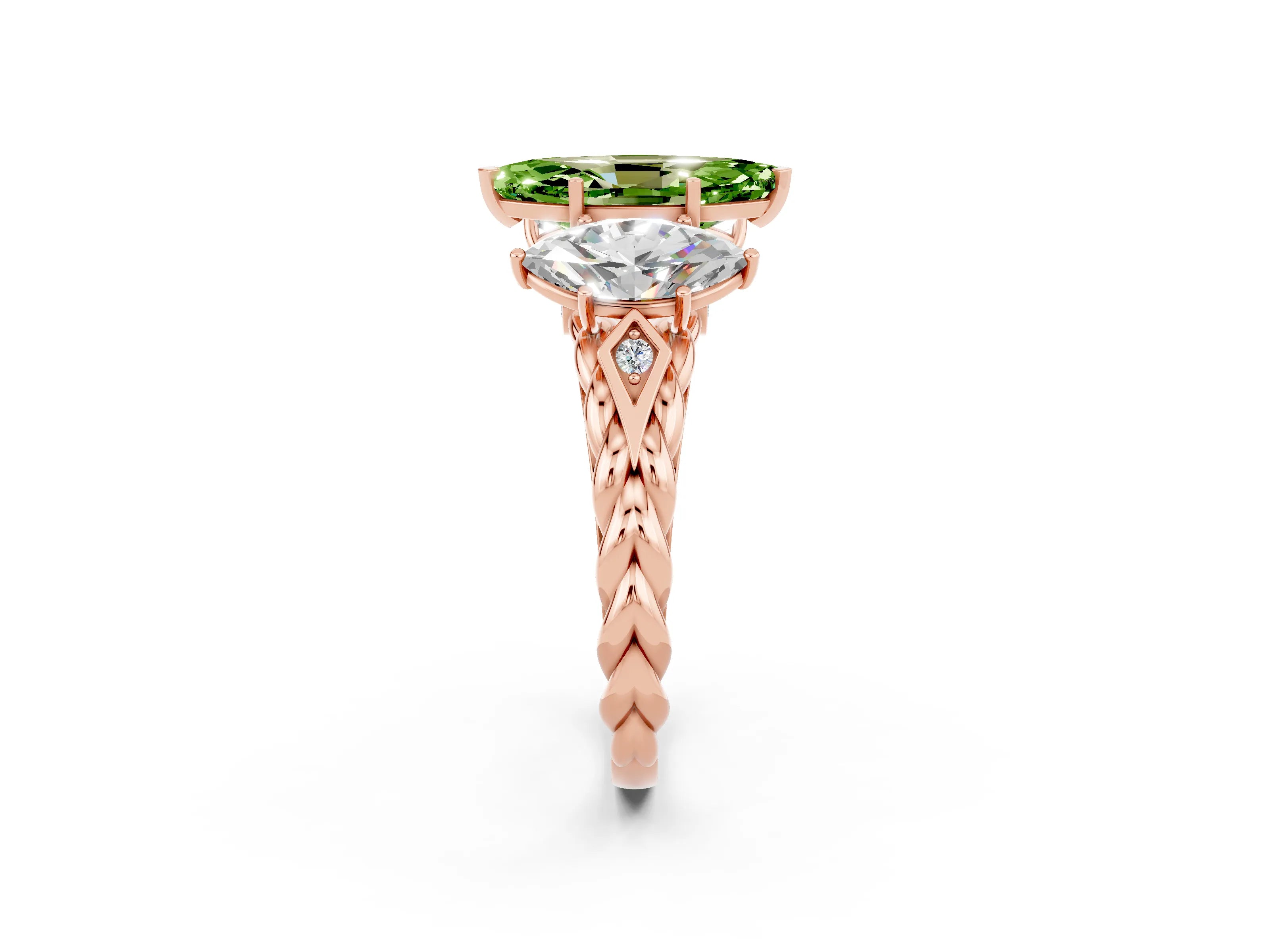 Rose gold Three-Stone Marquise Cut Peridot Braided Band Ring with Four-Prong Setting_14