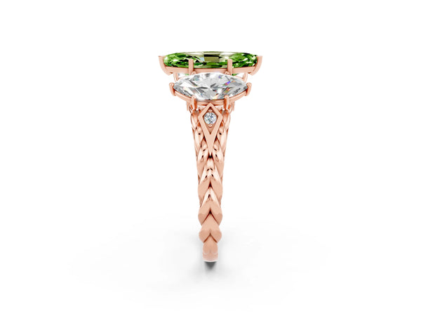 Rose gold Three-Stone Marquise Cut Peridot Braided Band Ring with Four-Prong Setting