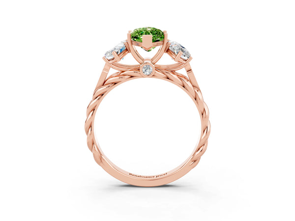 Rose gold Three-Stone Marquise Cut Peridot Braided Band Ring with Four-Prong Setting