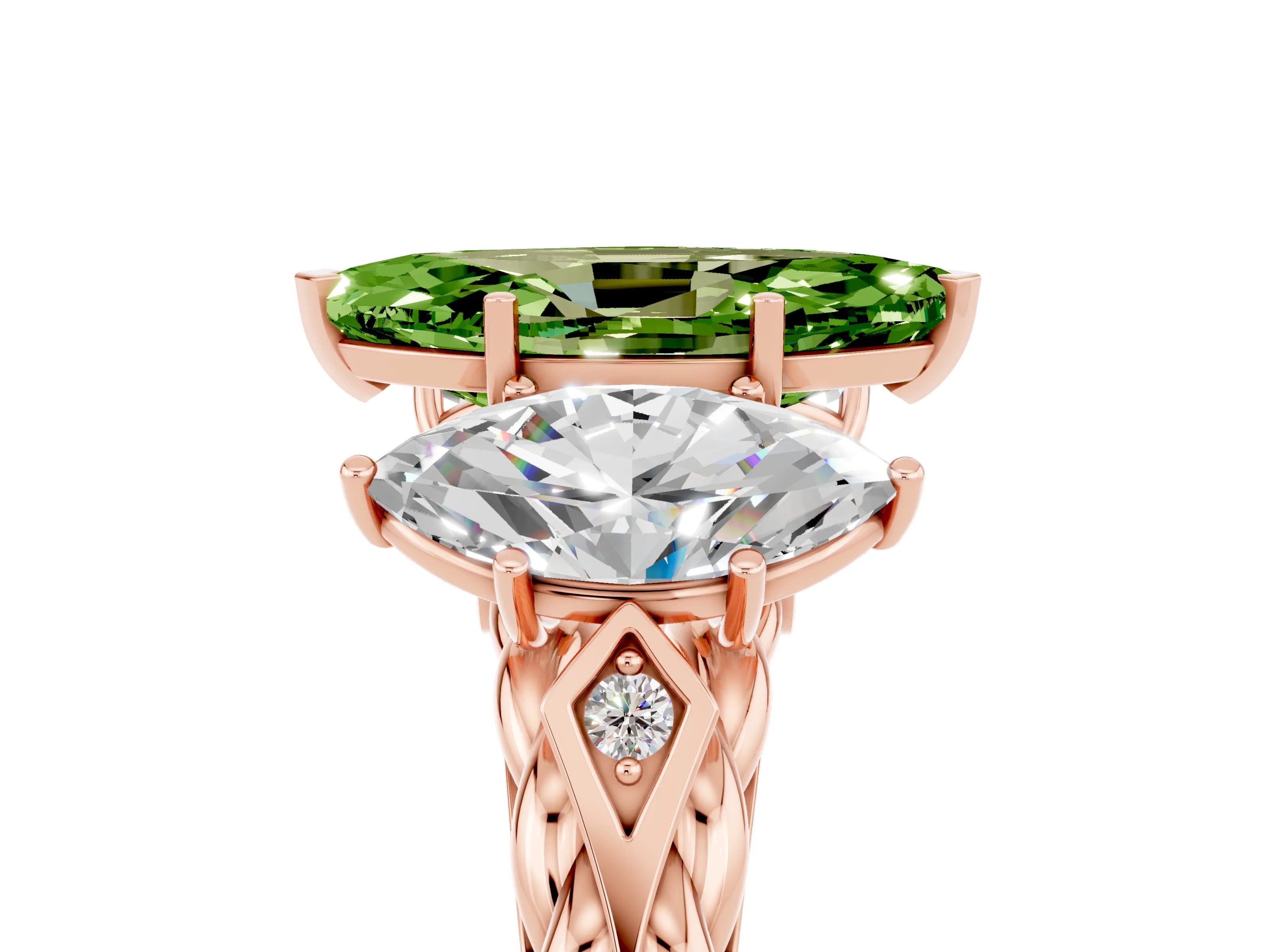 Rose gold Three-Stone Marquise Cut Peridot Braided Band Ring with Four-Prong Setting_17