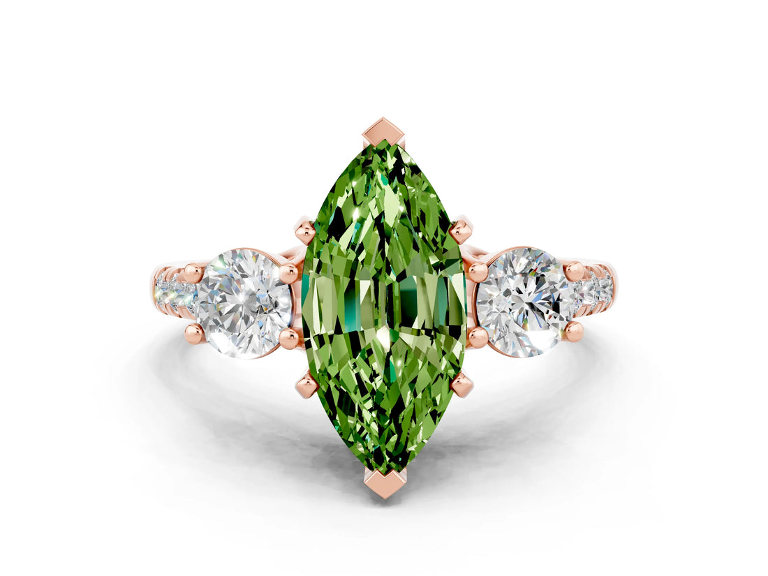 Rose gold Three-Stone Marquise Cut Peridot Pavé Band with Four-Prong Setting