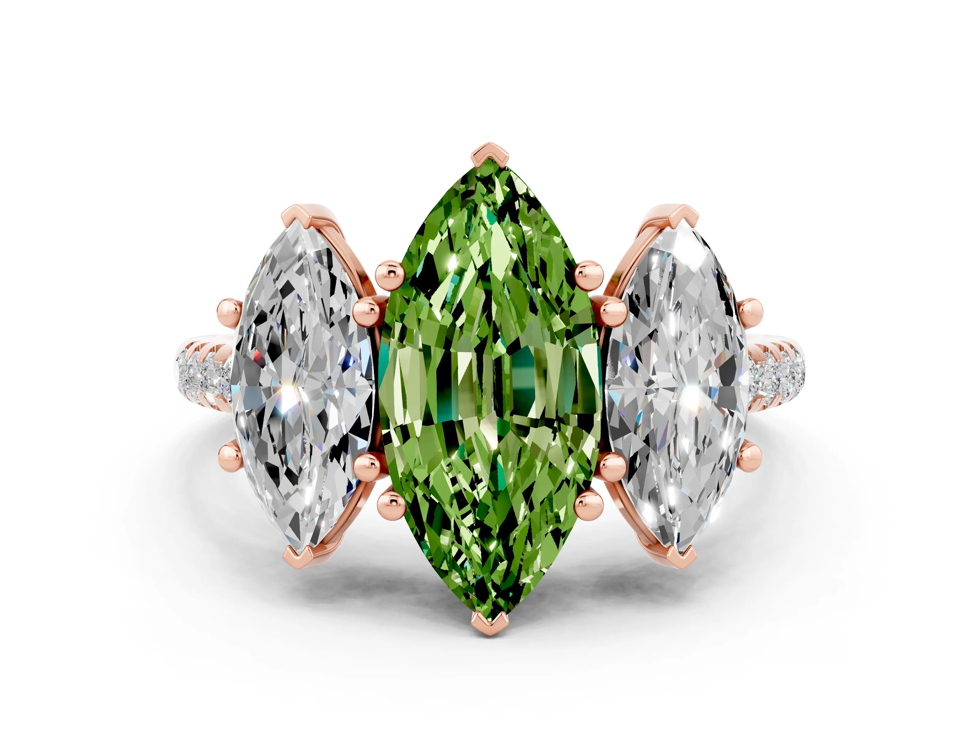 Rose gold Three-Stone Marquise Cut Peridot Ring with Pavé Band and Prong Setting_12