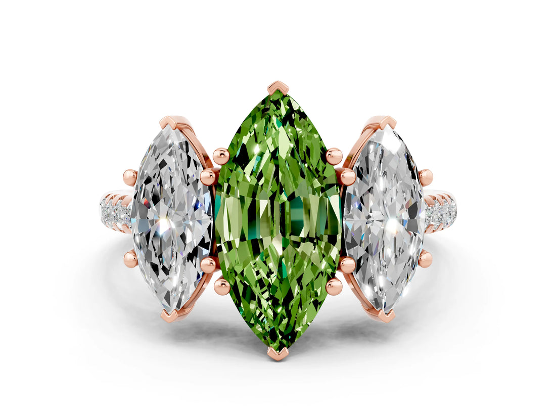 Rose gold Three-Stone Marquise Cut Peridot Ring with Pavé Band and Prong Setting_12