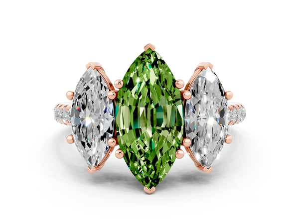Rose gold Three-Stone Marquise Cut Peridot Ring with Round  Pavé Band and Prong Setting