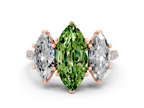 Rose gold Three-Stone Marquise Cut Peridot Ring with Pavé Band and Prong Setting_12