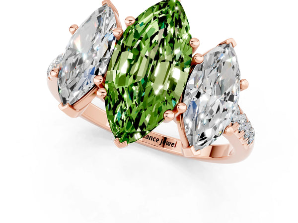 Rose gold Three-Stone Marquise Cut Peridot Ring with Round  Pavé Band and Prong Setting