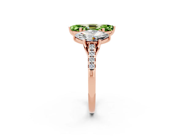 Rose gold Three-Stone Marquise Cut Peridot Ring with Round  Pavé Band and Prong Setting