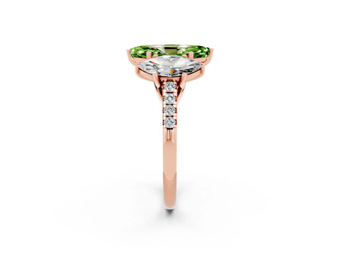 Rose gold Three-Stone Marquise Cut Peridot Ring with Pavé Band and Prong Setting_14
