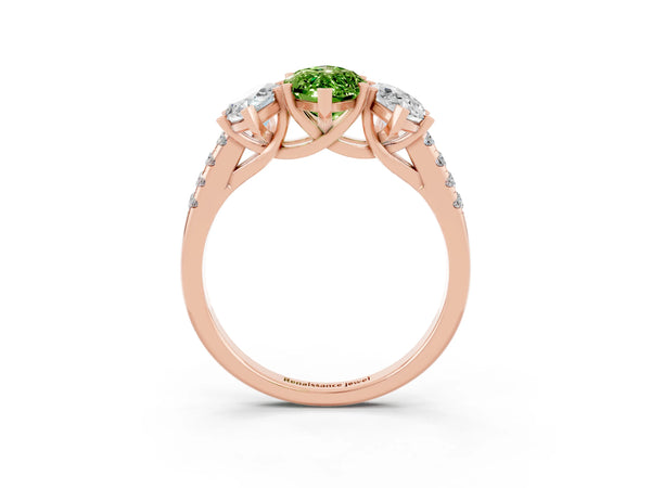 Rose gold Three-Stone Marquise Cut Peridot Ring with Round  Pavé Band and Prong Setting