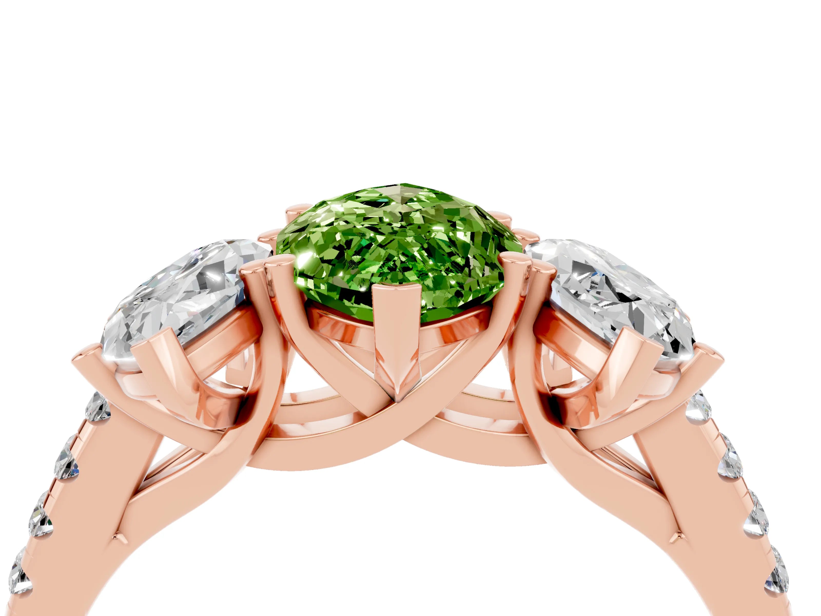 Rose gold Three-Stone Marquise Cut Peridot Ring with Pavé Band and Prong Setting_16