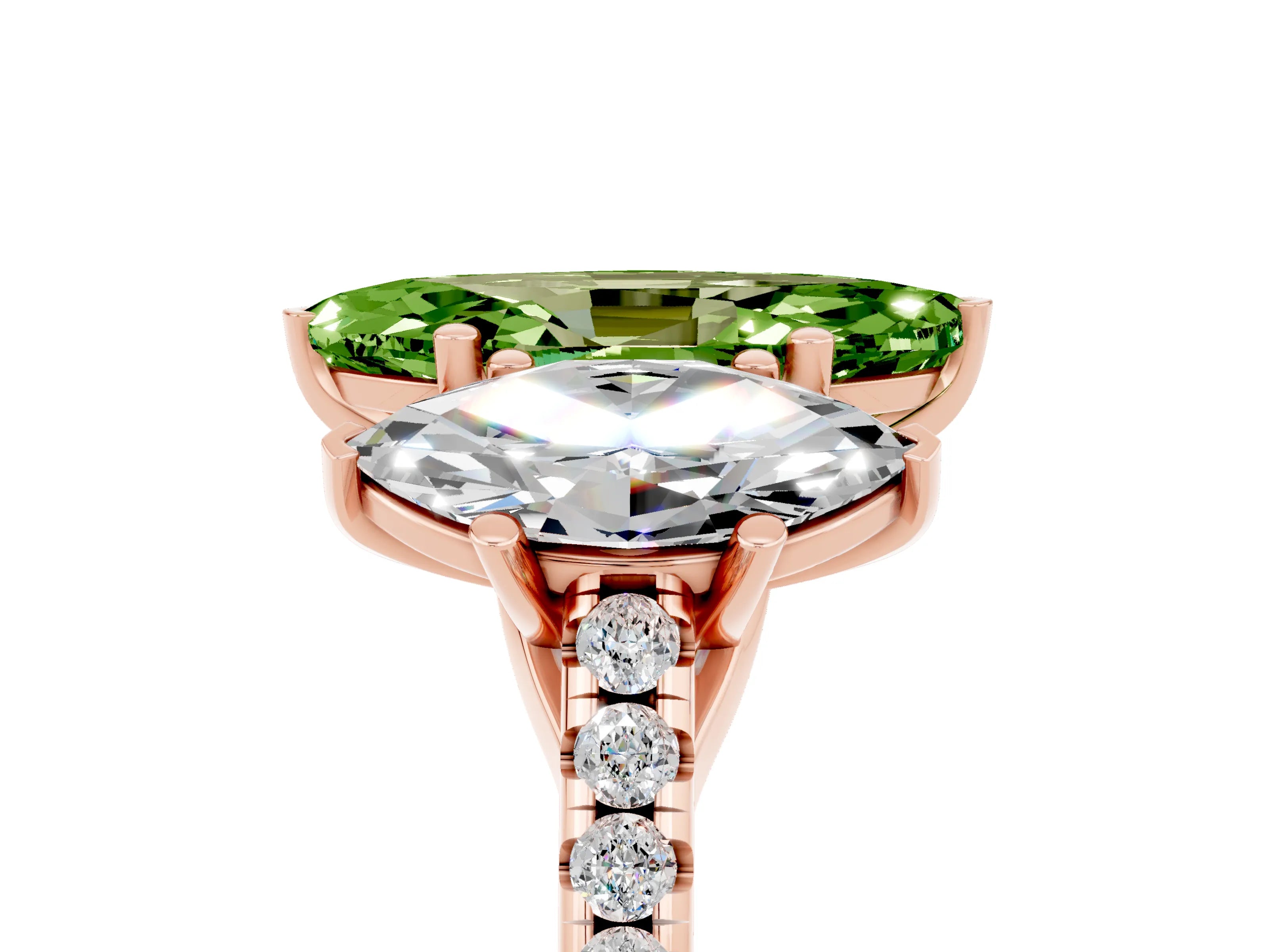 Rose gold Three-Stone Marquise Cut Peridot Ring with Pavé Band and Prong Setting_17