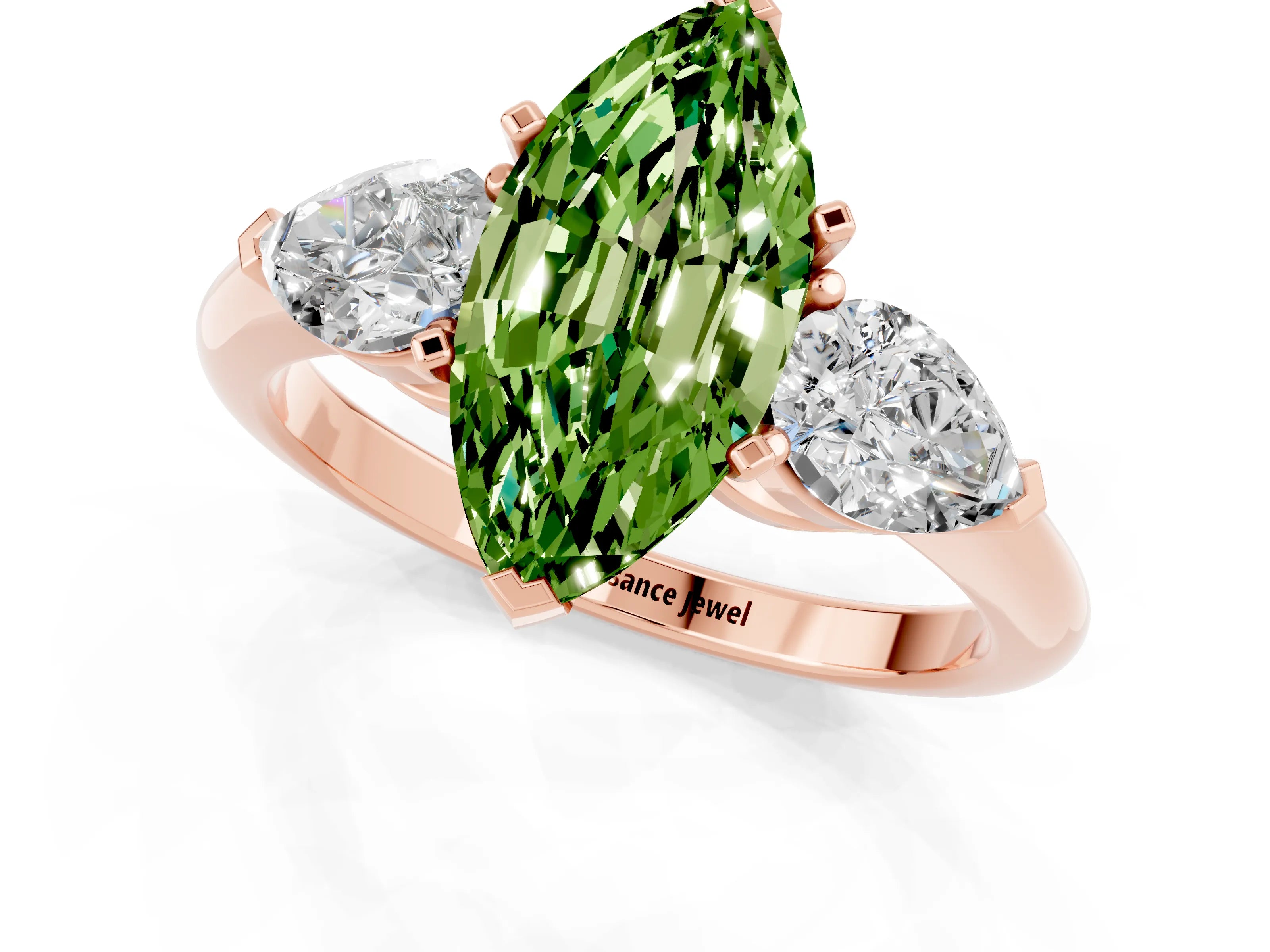 Rose gold Three-Stone Marquise Cut Peridot Ring with Pear Side Stones and Four-Prong Setting_1